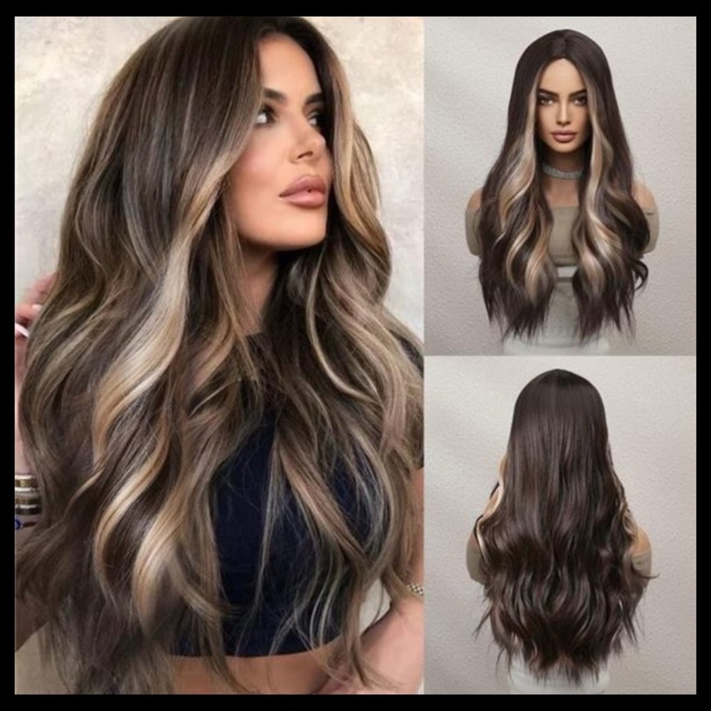 ✨26" LONG WAVY WIG Brown with Blonde Highlights By Luxurious Hair✨